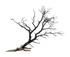 Twisted dry tree against black background showcasing intricate branch patterns, cut out png