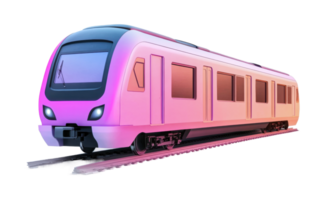 Futuristic pink passenger train on rails with modern design, cut out png
