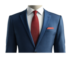 Elegant blue suit with red tie and pocket square on display mannequin, cut out png
