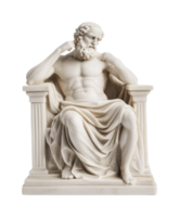 Marble statue of a seated philosopher with classic greek features and thoughtful pose png