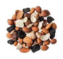 Assorted mixed nuts and dried fruits pile on black background png