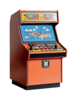 Retro arcade machine with colorful graphics and joystick controls png