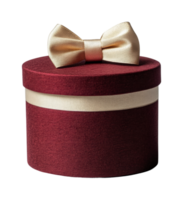 Elegant red circular gift box with gold ribbon and bow on black background png