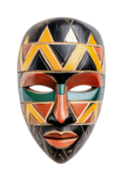 Colorful geometric patterned african tribal mask with carved details png