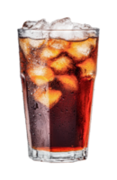 Refreshing iced cola beverage with ice cubes in glass against black background png