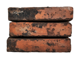 Stack of three rustic red bricks with weathered texture on black background png