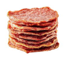 Stack of thinly sliced pepperoni against white background png