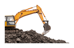 Yellow excavator digging earth with heavy machinery on rocky terrain png