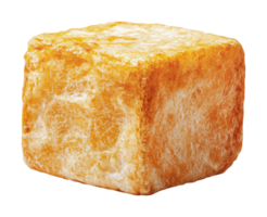 Close-up of a golden orange crouton cube isolated on black background png