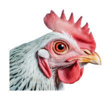 Close-up of a white chicken's face with red comb and wattles png