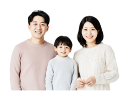 Asian family portrait with smiling parents and child in cozy sweaters png