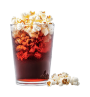 Glass of cola with popcorn overflowing into the drink png