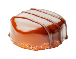 Delicious glazed chocolate pastry with drizzled chocolate topping on a biscuit base png