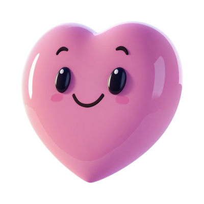 Smiling pink heart emoji with cute expression and glossy