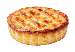 Golden baked apple pie with lattice crust on black background png