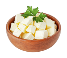 Fresh cubed feta cheese in wooden bowl with parsley garnish on black background png