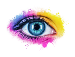Vibrant artistic blue eye with colorful splash design surrounding the iris png