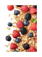 Fresh berries and granola mix with oats and mint on black background png