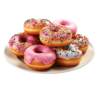 Plate of colorful doughnuts covered in sprinkles icing png
