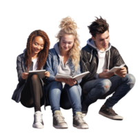 Group of three young people studying using technology png