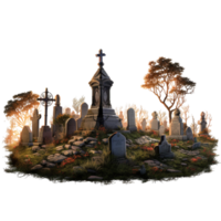 Ancient graveyard tall tombstones surrounded by trees in autumn png