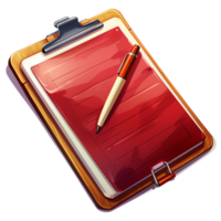 Wooden clipboard a red document a pen resting on top png