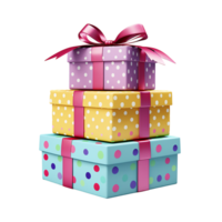 Stack of colorful gift boxes wrapped a pink ribbon bow png