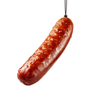 Smoked sausage hanging from a string a deep red color texture png