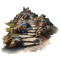 Ancient stone pathway leading up a rugged hill scattered moss grass png