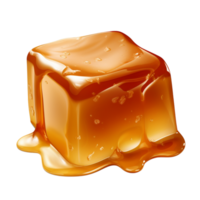 Melting caramel cube a glossy golden brown surface dripping sweet sticky syrup png