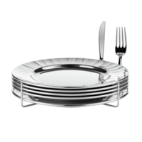 Stack of white plates a fork knife resting on top png