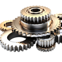 Shiny metallic gears arranged in a complex mechanical structure png