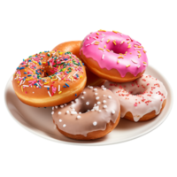 Colorful donuts sprinkles are placed on a plate png