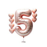 number five in the shape of Balloon and white hearts in the balloon is isolated on transparent background png