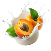 fresh apricot with milk splash is isolated on transparent background png
