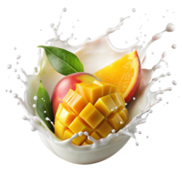 fresh mango with milk splash is isolated on transparent background png