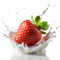 fresh strawberry with milk splash is isolated on transparent background png