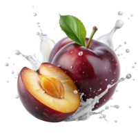 fresh plum with milk splash is isolated on transparent background png