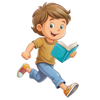 A little boy reading book while running is isolated on transparent background png