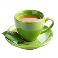 a green cup of tea with leaf on the saucer is isolated on transparent background png