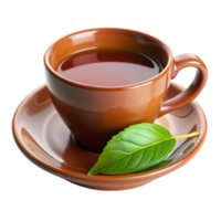 a brown cup of tea with leaf on the saucer is isolated on transparent background png