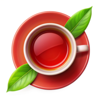 top view red cup of tea with leaf on the saucer is isolated on transparent background png