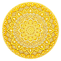 Circular pattern in the form of a yellow mandala is isolated on transparent background png