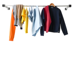 Rack with different clothes hanging on rack, isolated on transparent background png