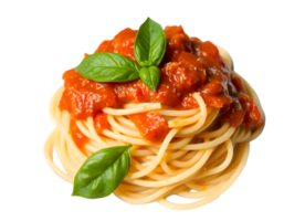 Spaghetti with tomato sauce and basil leaves isolated on transparent background png