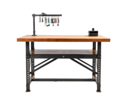 3d rendering of a wooden desk with a coffee machine isolated on a transparent background png