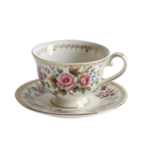 Cup and saucer with floral pattern on a transparent background png
