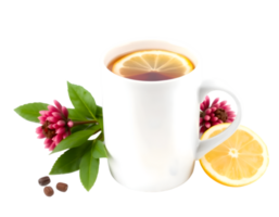 Cup of tea with lemon and flowers on a transparent background png