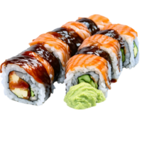 Sushi roll with salmon, avocado, cucumber and cream cheese isolated on transparent background png