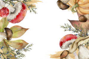 Autumn watercolor floral frame with red mushrooms, brown fungus and colorful leaves illustrations. Isolated banner with copy space, agaric and boletus with branches and leaves for harvest menu,poster png